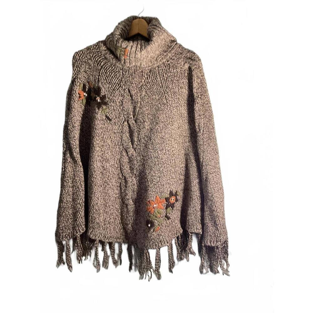 Cozy Beige Knit Wool Blend Poncho with Floral Embroidery and Fringe M